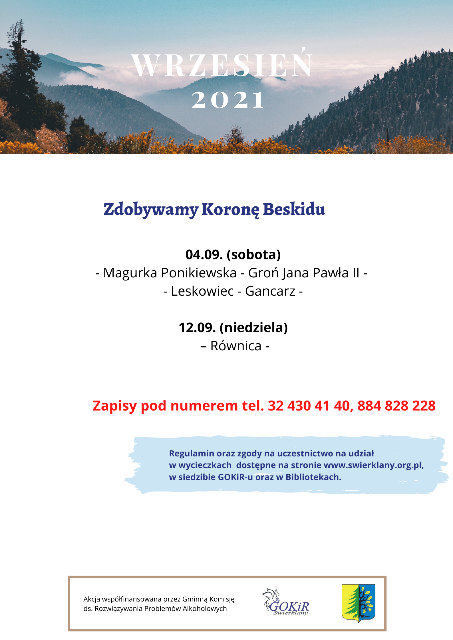 plakat przedstawia program wyjazdów na wycieczki górskie