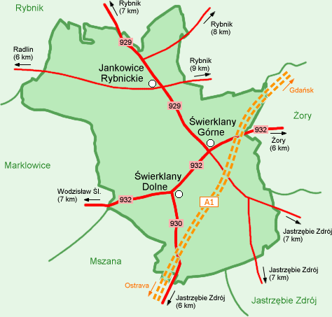 Mapa dróg przebiegających przez gminę Świerklany