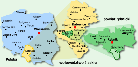 Mapa przedstawiająca położenie gminy Świerklany względem Polski,  województwa śląskiego i powiatu rybnickiego