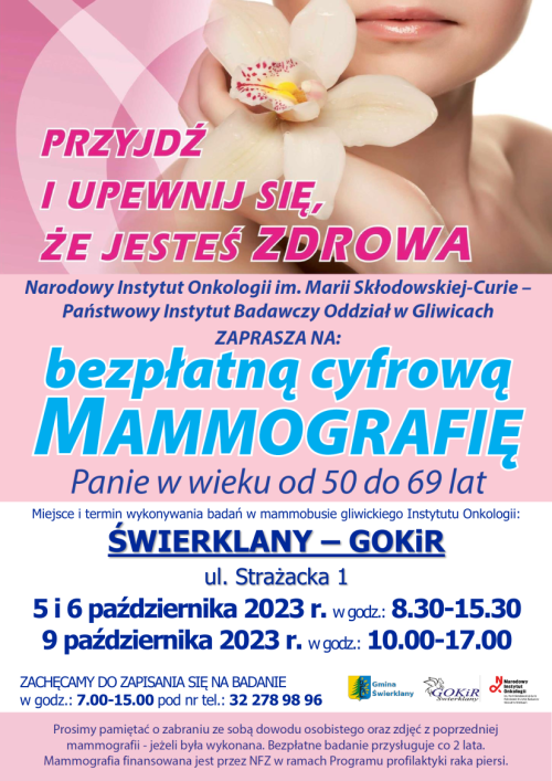 na plakacie umieszczone są różowe i niebieskie napisy na różowym tle, wizerunek kobiety z kwiatem w dłoni 