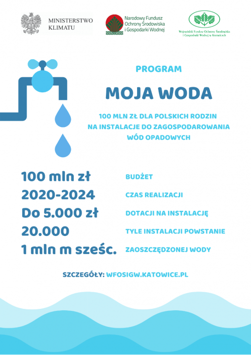 Plakat Wojewódzkiego Funduszu Ochrony Środowiska i Gospodarki Wodnej w Katowicach dotyczący programu: Moja Woda