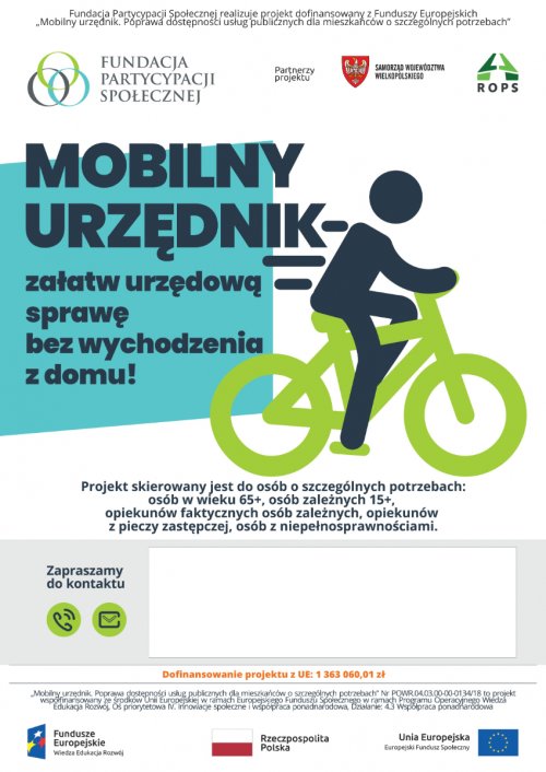 Plakat programu Mobilny urzędnik wraz z logotypami unii europejskiej.